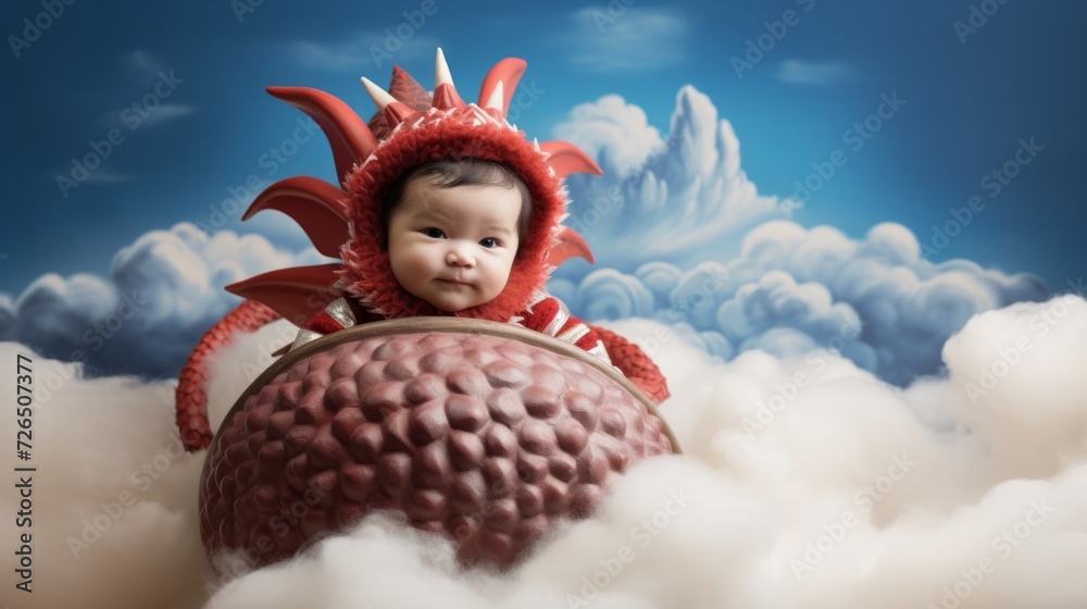 Fototapeta premium Cute baby in dragon costume playing with the ball, Welcome baby born in dragon year concept