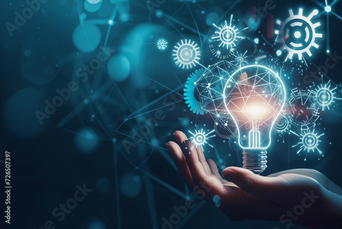 Innovation and Creativity Concept with Light Bulb in hand. A human hand holding a light bulb surrounded by floating gears, symbolizing ideas, innovation, technology.