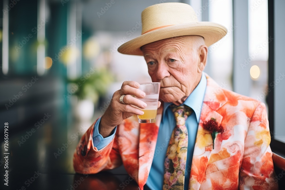 senior in fashionable attire sipping drink at bar senior in fashionable attire sipping drink at bar