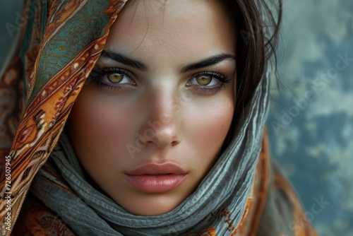Iranian woman in national clothes portrait close up from history of Iran realistic detailed photography texture. Iranian woman. Horizontal format