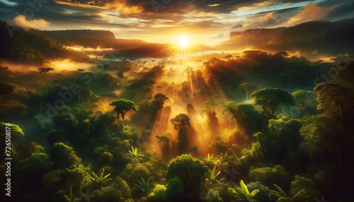 Forest atmosphere at sunset or sunrise