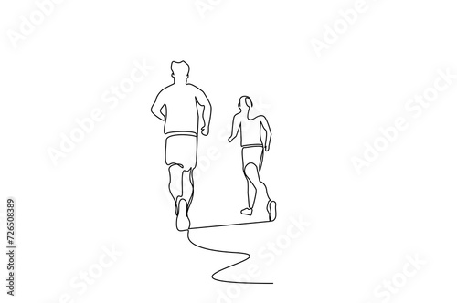 woman man two people athlete running together health activity one line art design vector