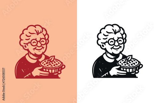 Sweet grandma with pie. logo, icon, emblem. Outline vector illustration