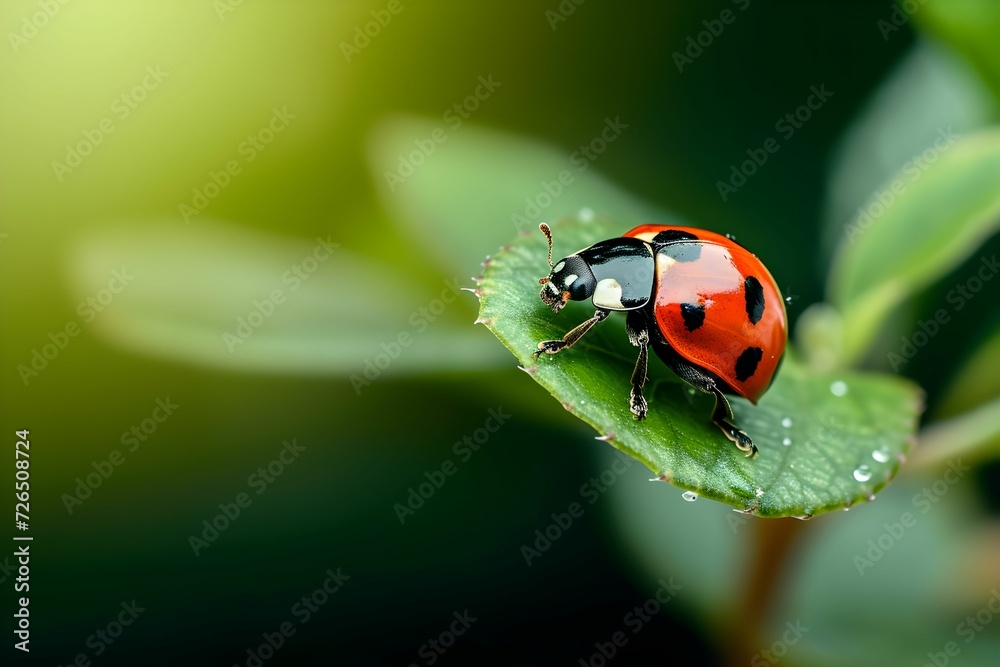 Ladybug Strolling on a Dewy Green Leaf