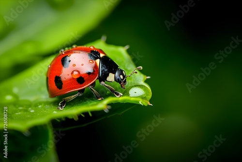 Ladybug Strolling on a Dewy Green Leaf © TEERAWAT