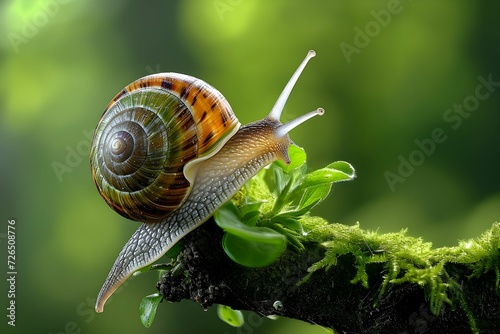 Snail Gliding on Leaf with Fresh Morning Dew © TEERAWAT