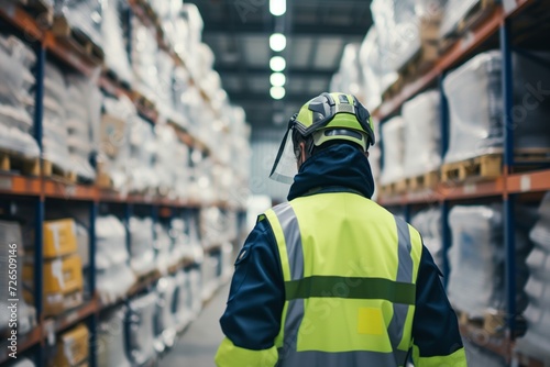 worker wearing safety gear in refrigerated warehouse aisle photo