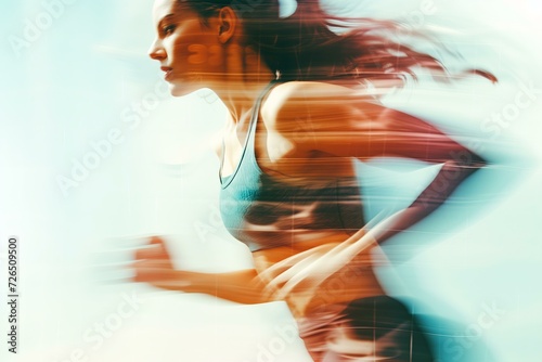 woman wearing sports tank top and leggings running, trendy blur style
