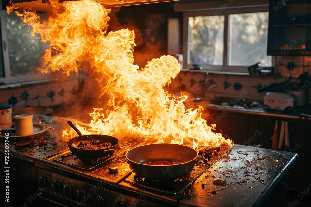 A fire broke out in the kitchen, causing chaos and urgency. House fire. Fire disaster A fire broke out in the kitchen, causing chaos and urgency. House fire. Fire disaster