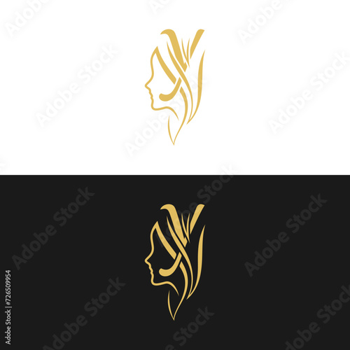 gold-colored initial "y" combined with a female face indicating beauty use for salon, hair, business, logo, design, vector, company, branding, and more