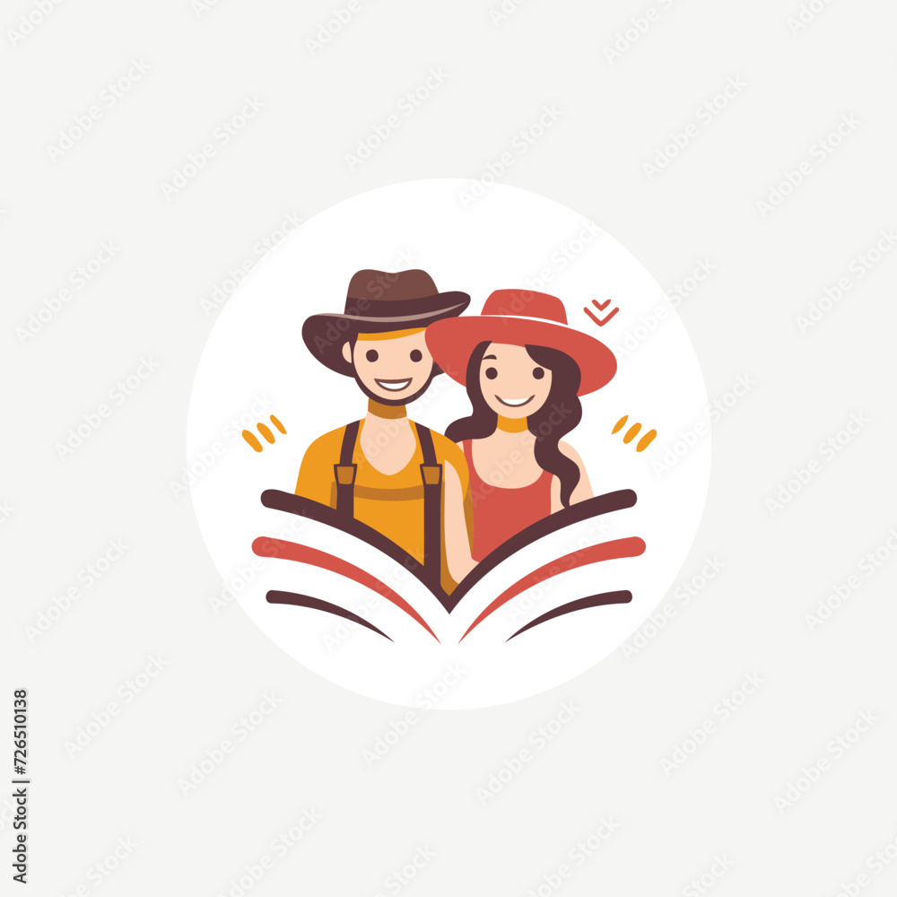 Tourist man and woman reading book. Vector illustration in flat style