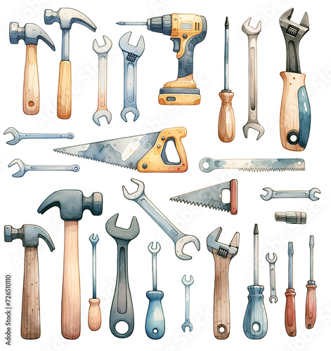 Watercolor illustration of various hand tools isolated on white background.
