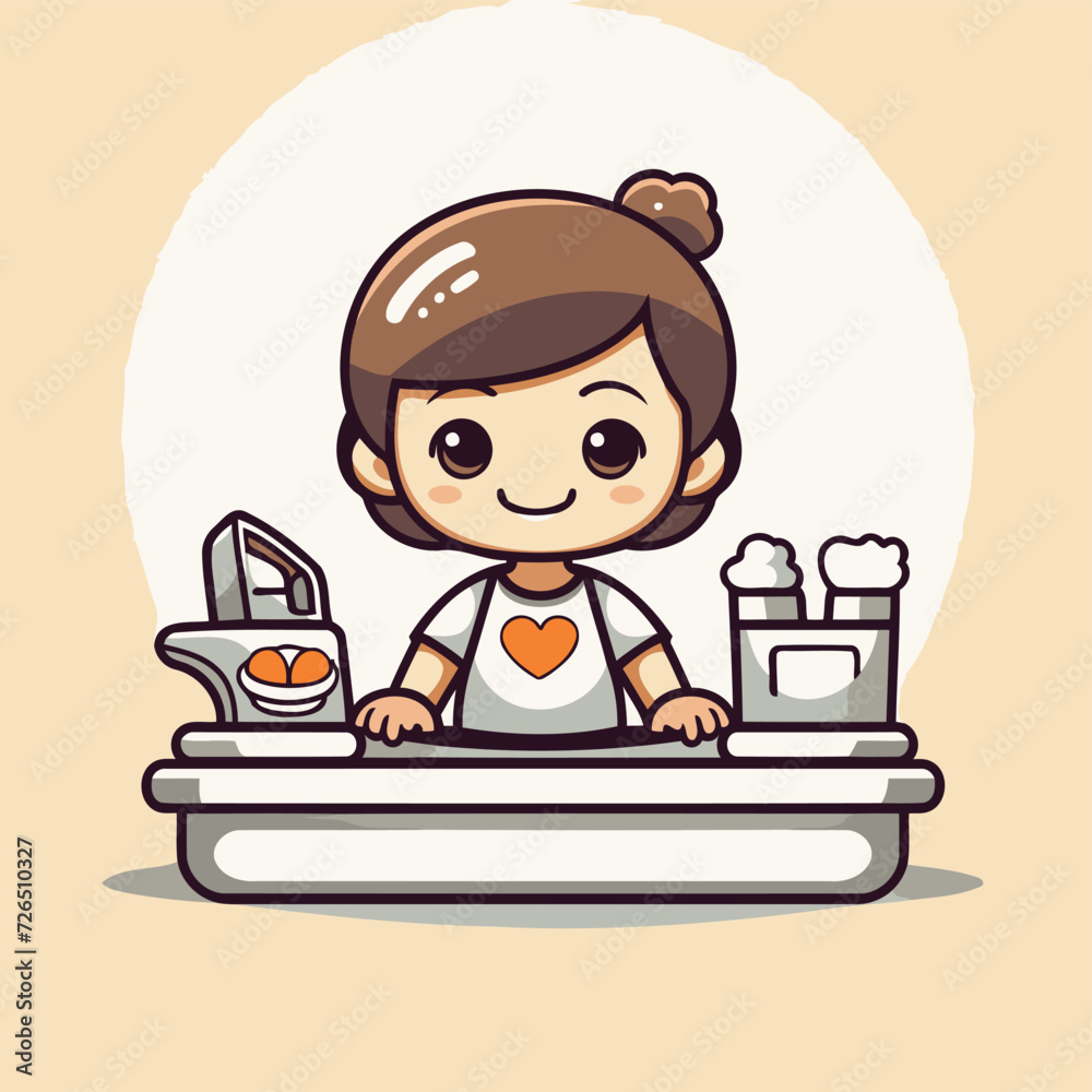Cute girl washing clothes on the ironing machine. Vector illustration.