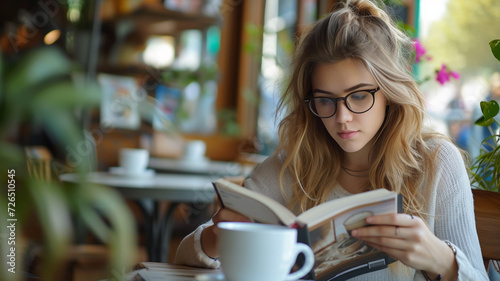 An attractive and elegant woman wearing glasses, deeply focused on her reading while seated at a cafe table and enjoying a cup of coffee