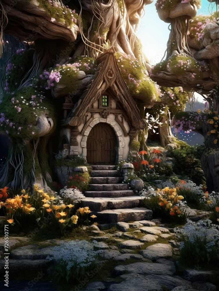 Magical elf or gnome house in tree