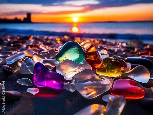 Colorful pieces of glass rock in the sea sand photo