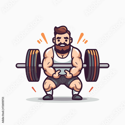 Fitness and healthy lifestyle concept. Cartoon man lifting barbell. Vector illustration.