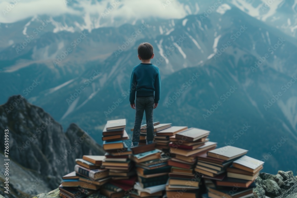 A person standing on top of a pile of books. Can be used to depict knowledge, education, success, or achievement. A person standing on top of a pile of books. Can be used to depict knowledge, education, success, or achievement.
