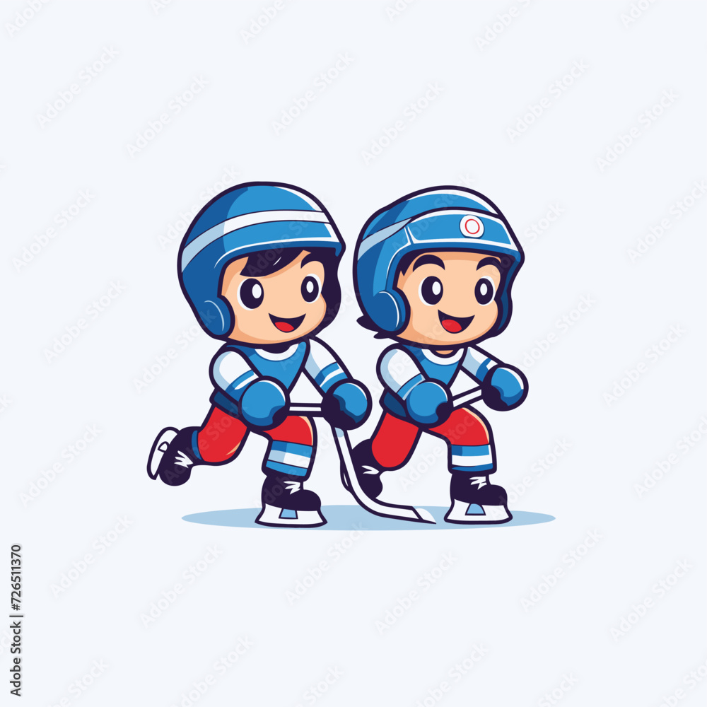 Cute boy and girl playing ice hockey. Vector cartoon illustration.