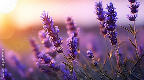 Branch of lavender against the backdrop of a soft purple sunset sunlight