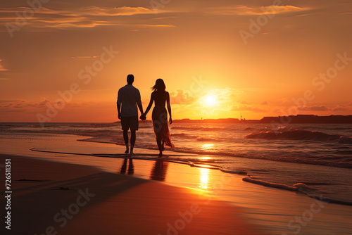 Ein romantischer Spaziergang im warmen Sonnenuntergang am Strand photo