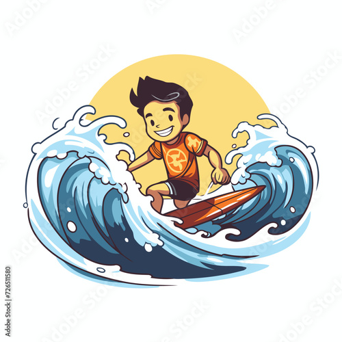 Boy surfing on a wave. Vector illustration of a boy surfing on a wave.
