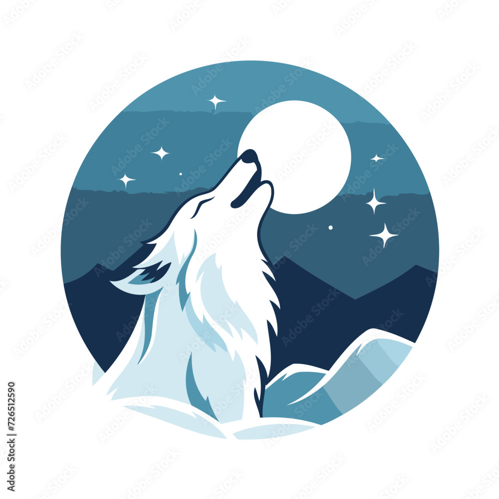 Vector illustration of a wolf with a ball in its paws on the background of the night sky.