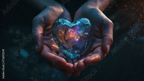 Mystical glowing heart cradled gently by hands against a dark background. symbol of love and care. fantasy art style image. AI