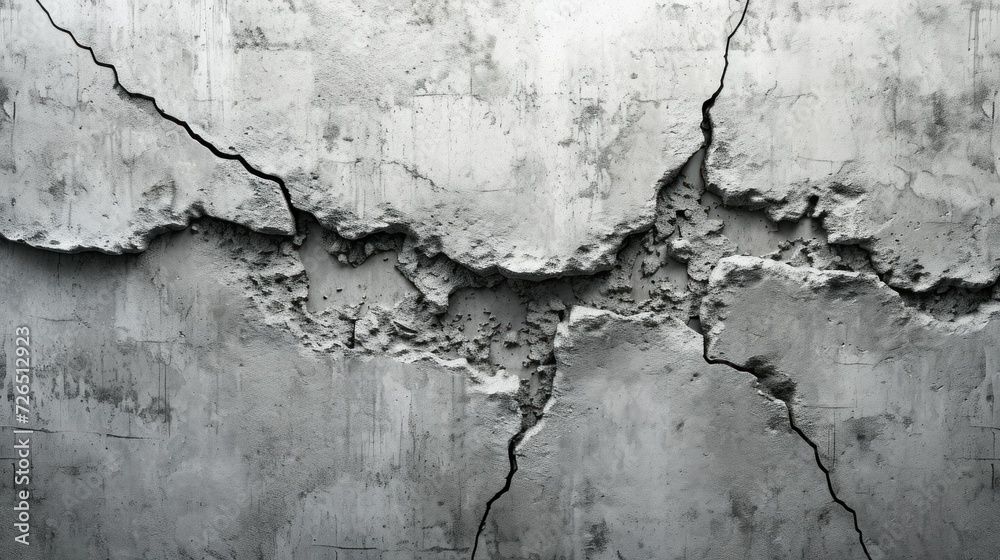 Obraz premium Grey plaster facade house wall with dark cracks