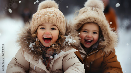 Two little girls playing while sledding in the snow laughing with their mouths open during winter holidays.