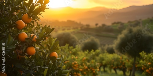 Golden sunrise over lush orange grove with rolling hills backdrop. serene rural landscape, perfect for nature themes. ideal for wallpapers and postcards. AI #726513155