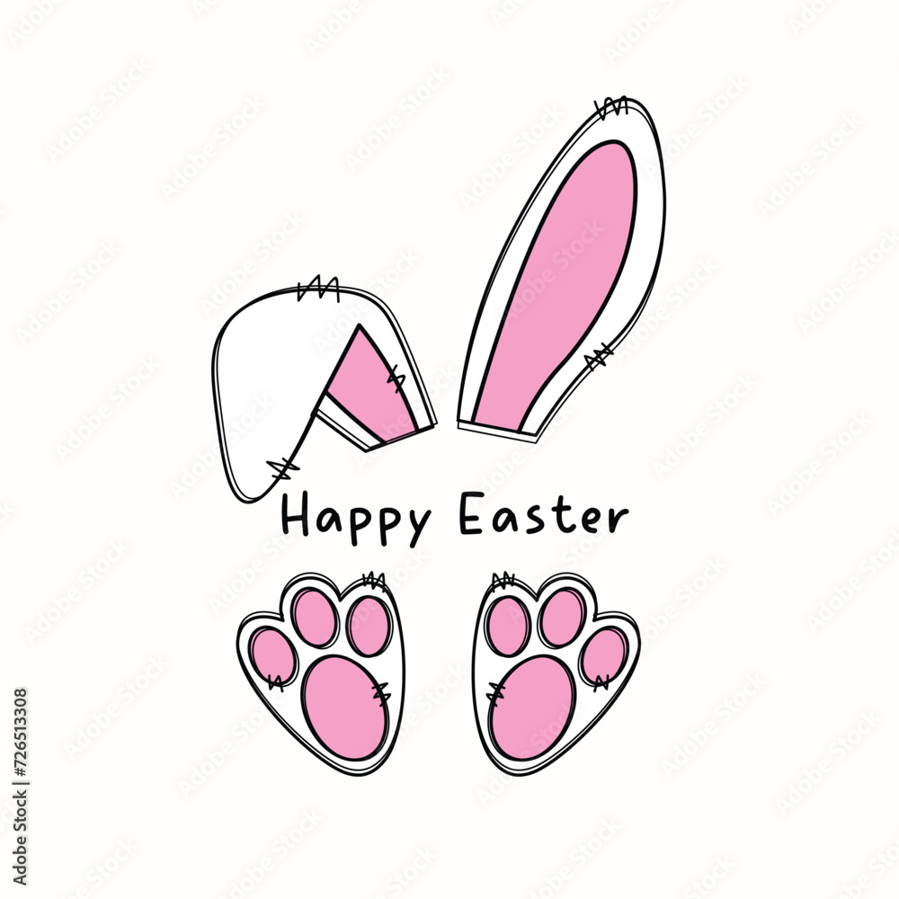 Hand drawn cute rabbit ears vector. Rabbit ears and rabbit feet vector