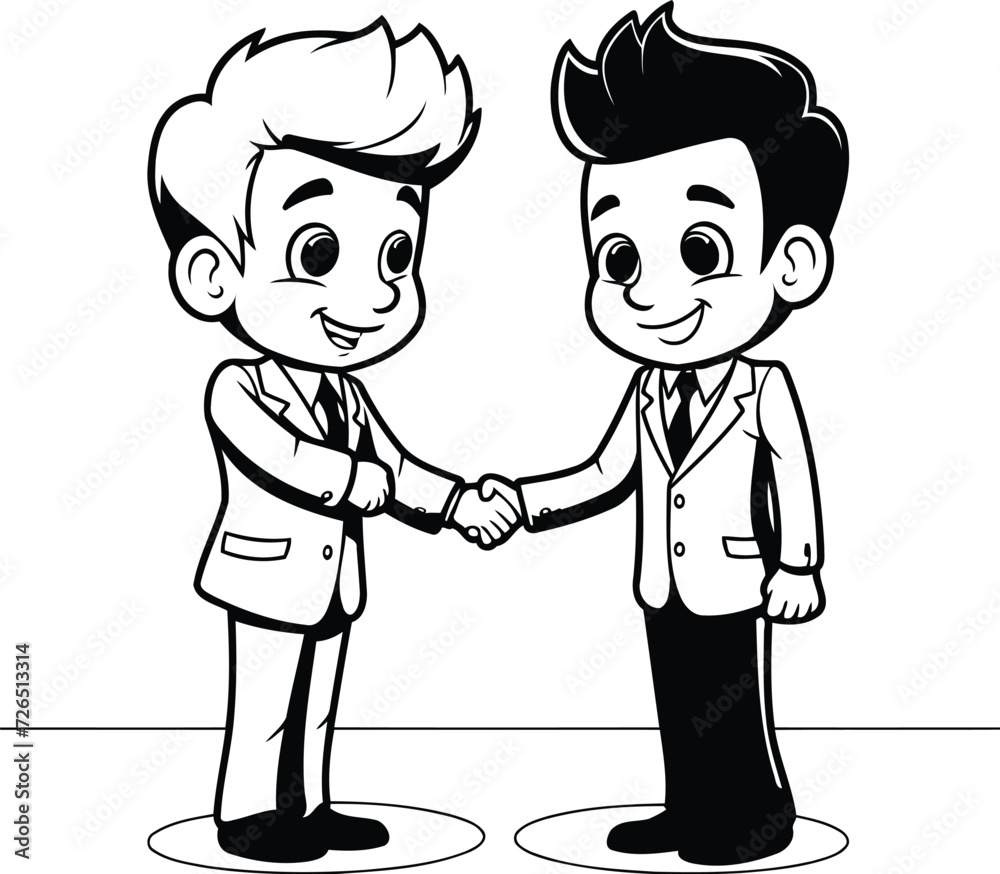 Handshake of business partners. Black and white vector illustration for coloring book.