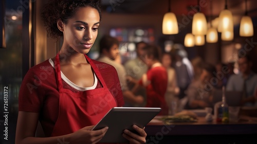 Portraying a Brazilian Latina woman intensely focused on the screen of an iPad, dressed in a dark red apron while standing behind the counter of a bustling Brazilian restaurant