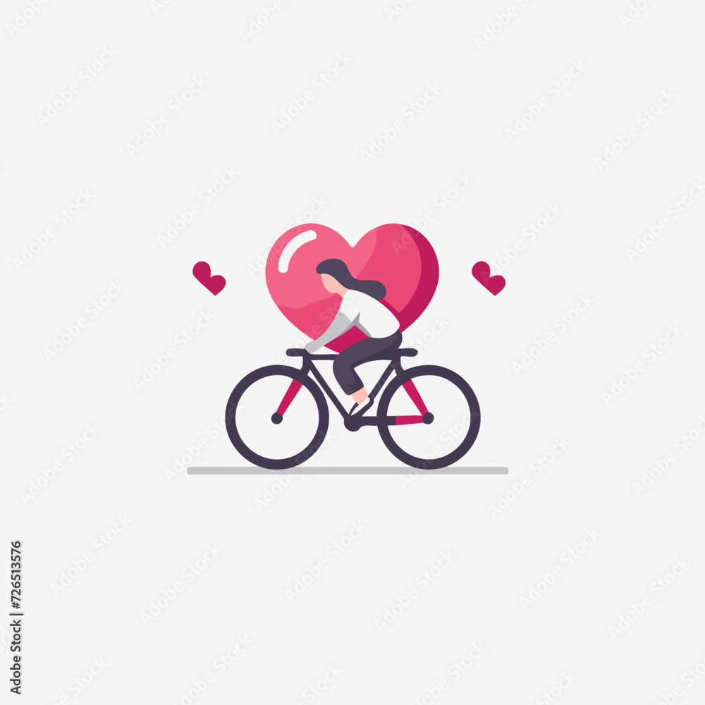 Vector illustration of a woman riding a bicycle with a heart in her hand