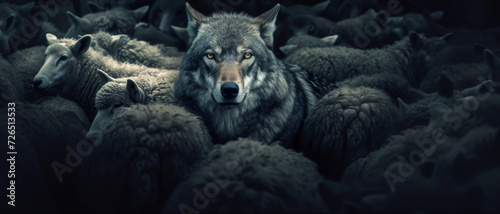 Striking contrast in a sea of sheep, a single wolf gazes piercingly, embodying the proverbial wolf in sheep's clothing