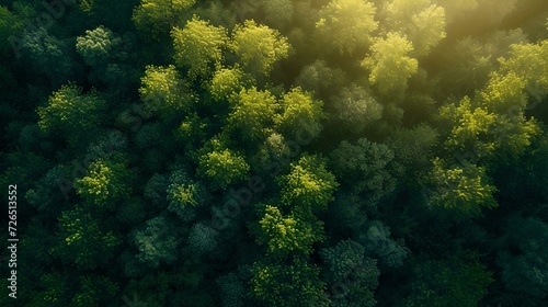 Breathtaking aerial view of a lush forest at sunrise. nature's beauty captured through photography. perfect for backgrounds and environmental themes. AI photo