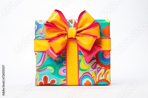 a brightly colored gift box with a large bow