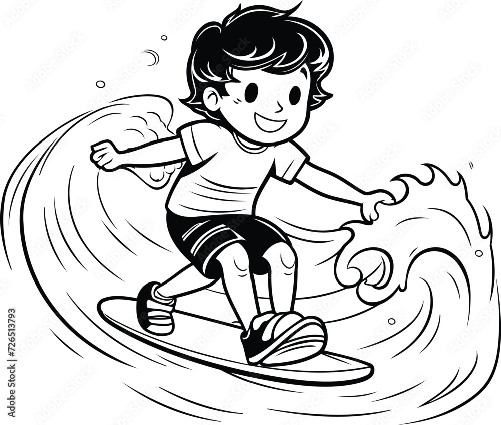 Boy surfing on a wave. Black and white vector illustration for coloring book.