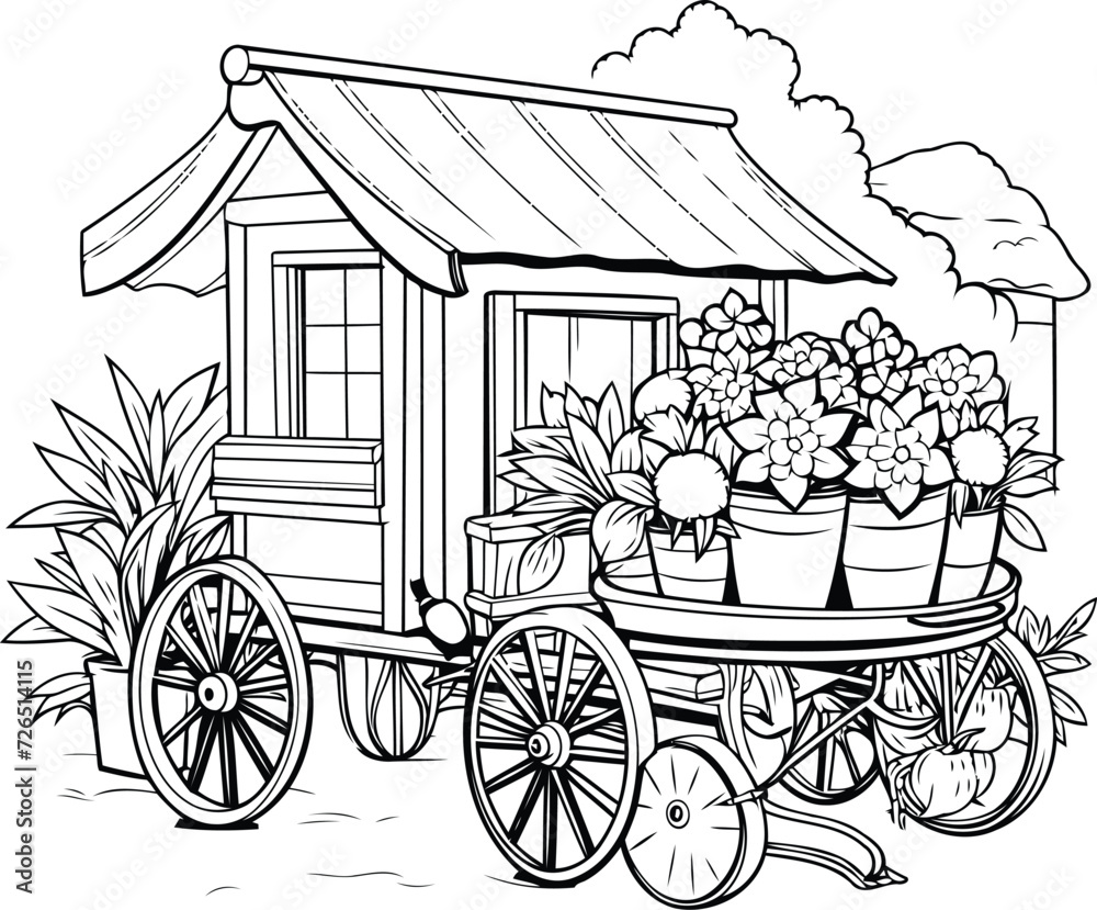 Hand drawn vector illustration of a cart with flowers. Coloring book.
