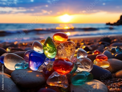 Colorful pieces of glass rock in the sea sand