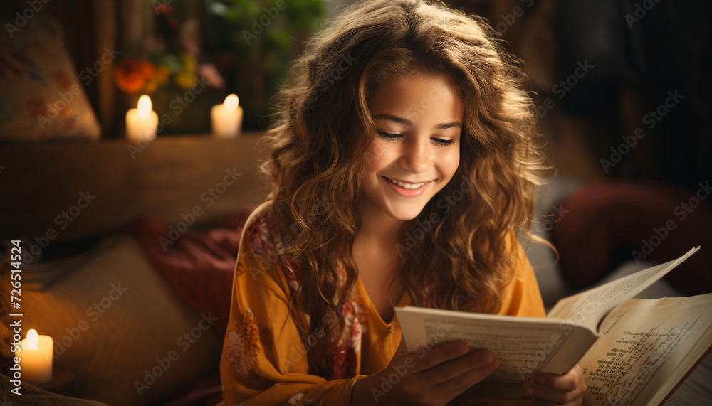 Young woman reading Bible, smiling, surrounded by serene candlelight generated by AI Young woman reading Bible, smiling, surrounded by serene candlelight generated by AI