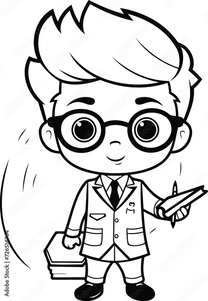 Vector illustration of a boy in glasses holding a pencil and a book