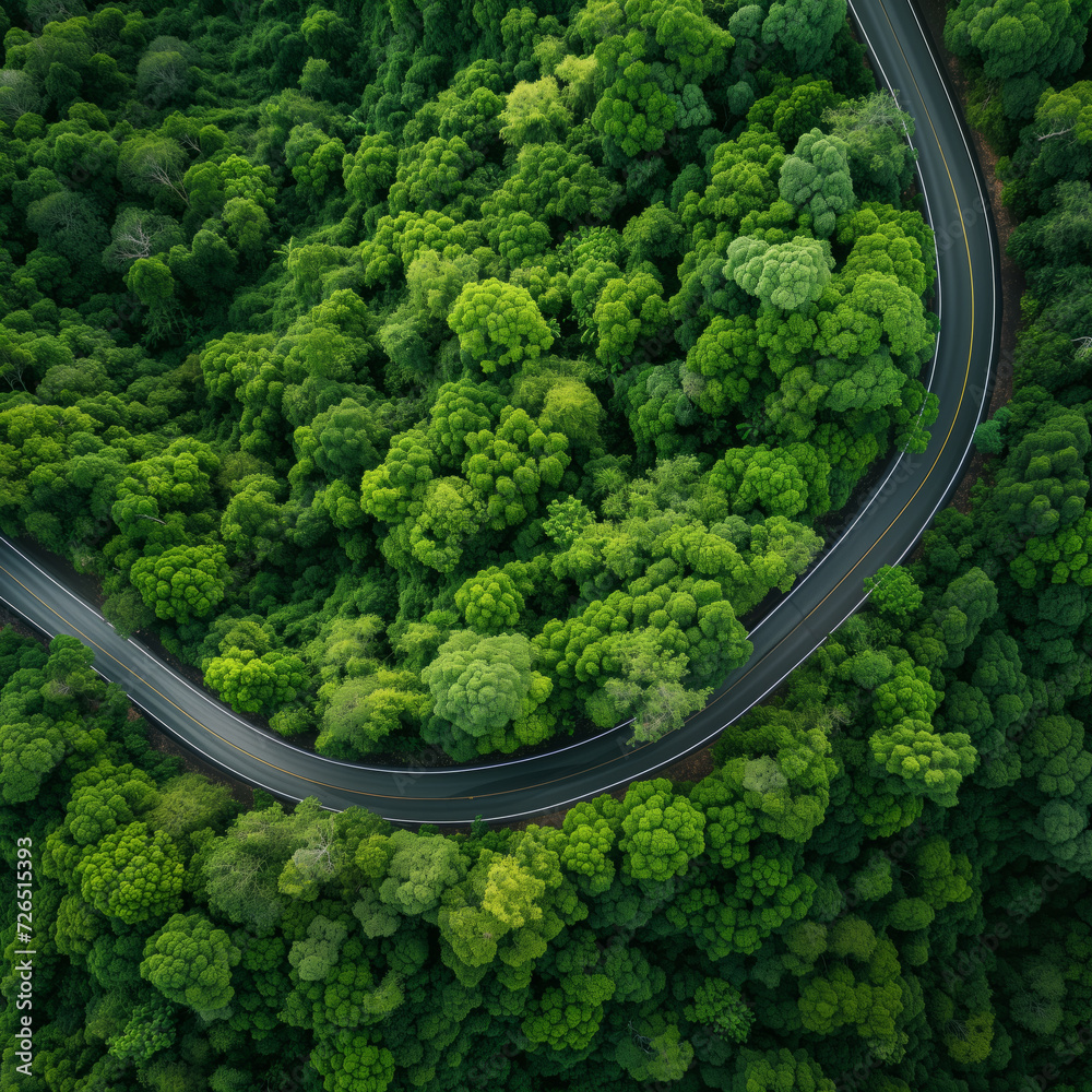 Drone view of main road going through a lush green forest 