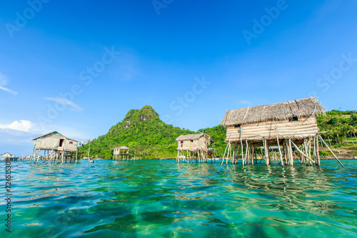 Beautiful landscapes view borneo sea gypsy water village in Bodgaya Mabul Island, Semporna Sabah, Malaysia.