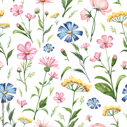 Watercolor, seamless pattern with delicate wildflowers and herbs. Romantic, floral background. Floral wallpapers in retro style with wild plants.
