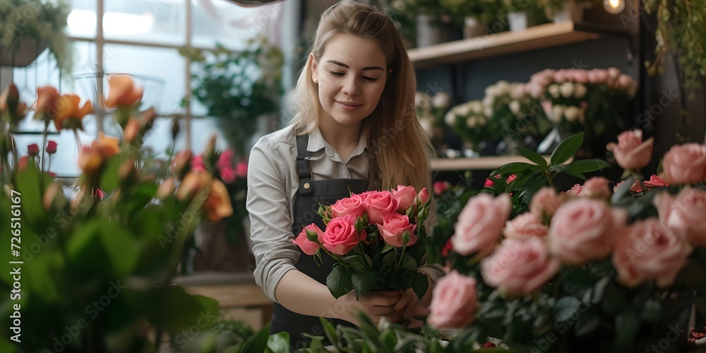 Female florist arranging fresh roses in a cozy flower shop. artistic, lifestyle portrait of a small business owner at work. AI