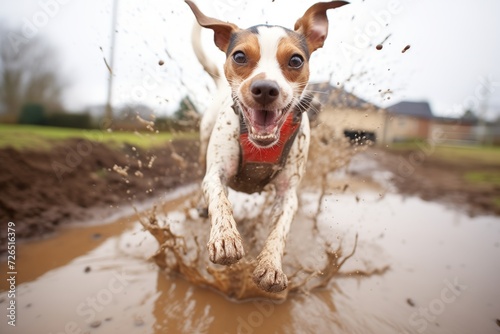 highspeed shot of mud splashing as dog runs through puddle photo