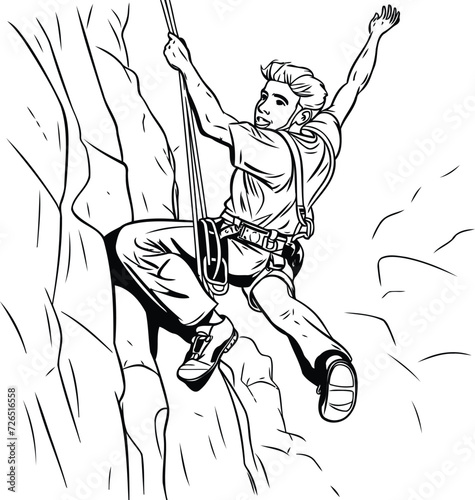 illustration of a rock climber jumping over a cliff with his hands up