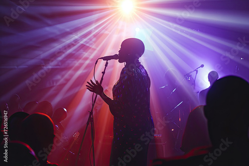 Silhouette of a Singer Performing at a Concert with Vibrant Stage Lights